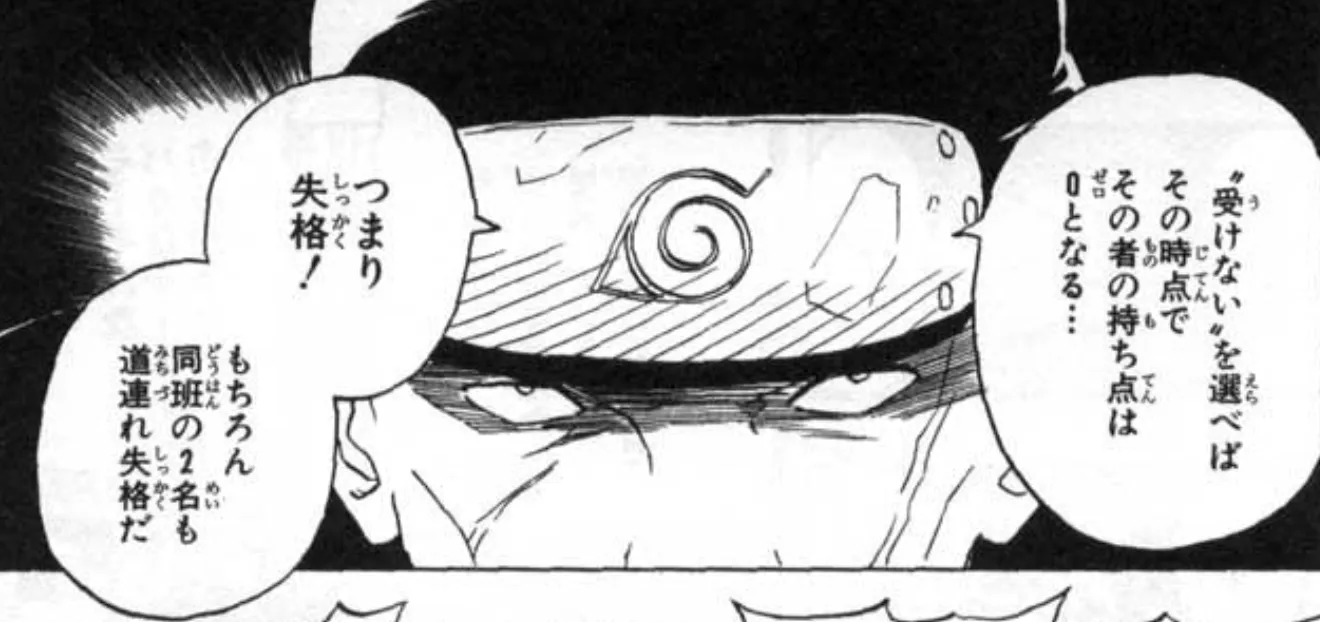 中忍試験の筆記試験でルールを説明する場面（NARUTO）