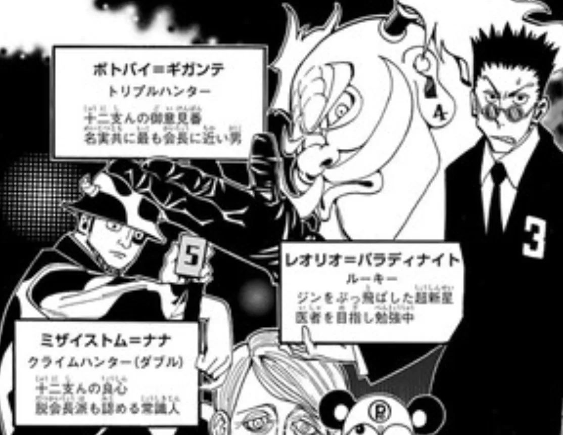 ダブル・トリプルなど星付きハンターの肩書きが並ぶ場面（HUNTER×HUNTER）
